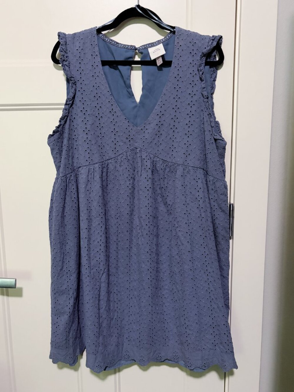 Knox Rose - XL Ruffle Short Sleeve Eyelet Lined A-Line Dress - Blue - Picture 3 of 8